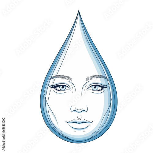 Realistic Vector Illustration of a Woman's Face Reflected in a Clear Water Drop

