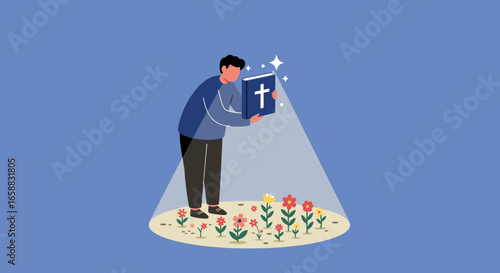Man Reading Bible Under Spotlight with Flowers