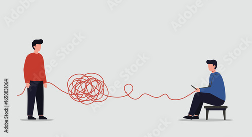 Two People Solving Knot with Rope Illustration