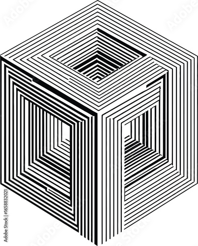 Isometric cube illusion with nested squares formed by black and white parallel lines on a white background