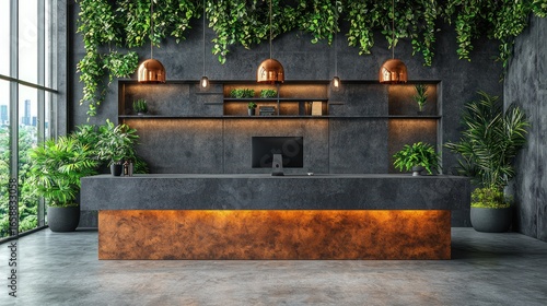 Modern Office Reception with Lush Greenery and Industrial Design