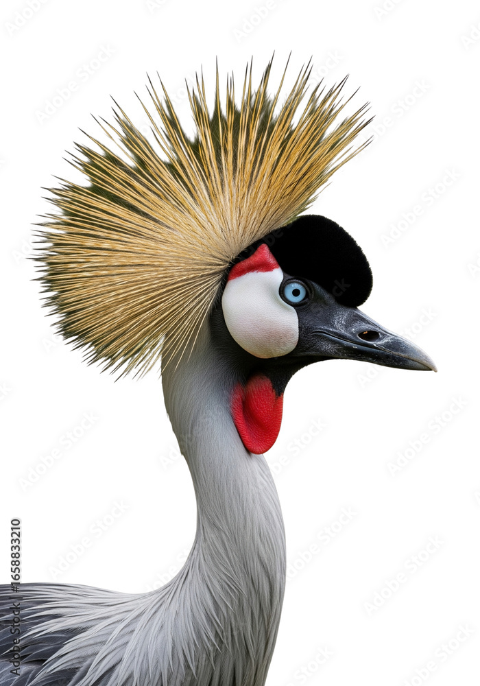 Fototapeta premium A Grey Crowned Crane stands tall against a white backdrop, its golden crest and vivid facial features radiating regal elegance.