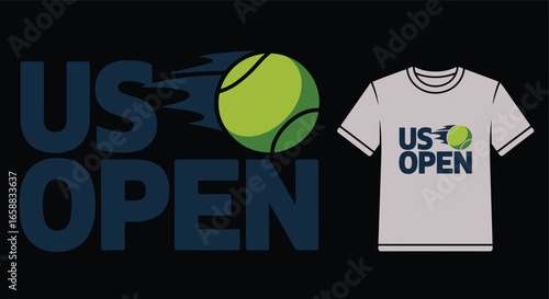 US Open Tennis Tournament Apparel Design with Ball Graphic and T-Shirt Mockup Presentation