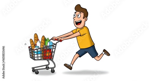 Joyful man sprints with a full shopping cart