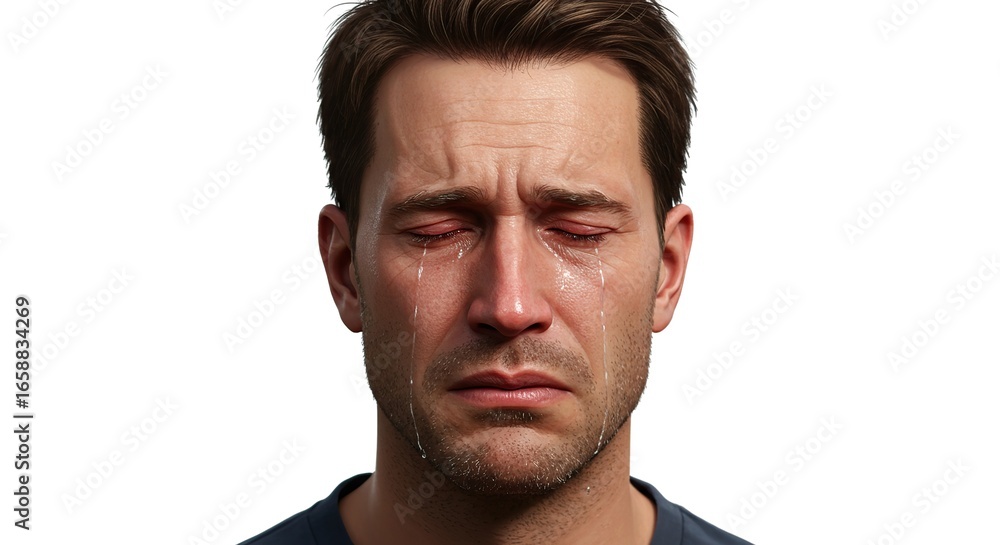 Obraz premium Emotional Man Crying Tears of Sadness and Pain Isolated on Transparent Background Showing Distress