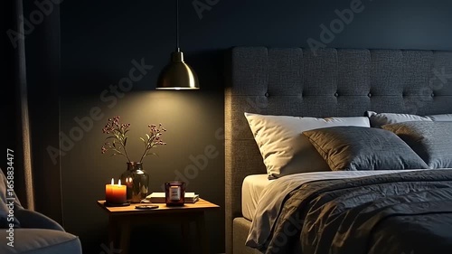 Cozy bedroom with candles, flowers, and soft lighting