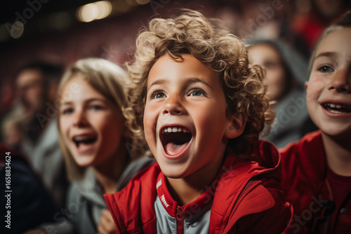 Joyful young curly boy at sports game surrounded by friends, all cheering with excitement and big smiles in crowd