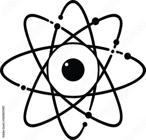 A black and white drawing of an atom with an eye in the center of the atomic structure design