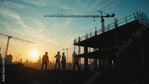 A construction site at sunrise with silhouettes of workers wearing hard. 4k video