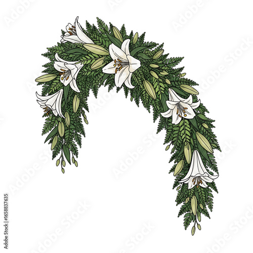 Large floral garland in arch form symbolizing ceremonial tribute and respect.