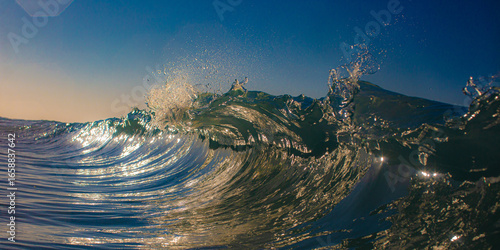 Inside curling ocean wave with sunlight reflections
Close-up view inside a curling ocean wave with golden sunlight illuminating the translucent turquoise water, creating a vivid and dynamic seascape
