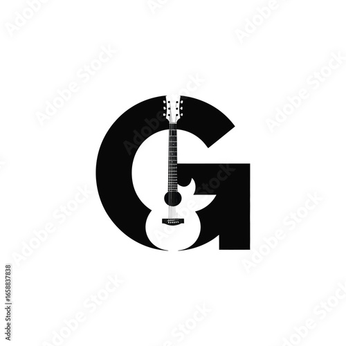 Acoustic Guitar Silhouette Forming the Letter G in Black and White Design for Music Industry Branding and Creative Arts