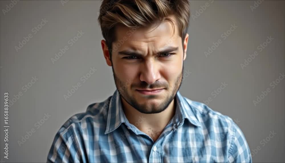 Young man clenching fist in frustration with a serious expression indoors Young man clenching fist in frustration with a serious expression indoors