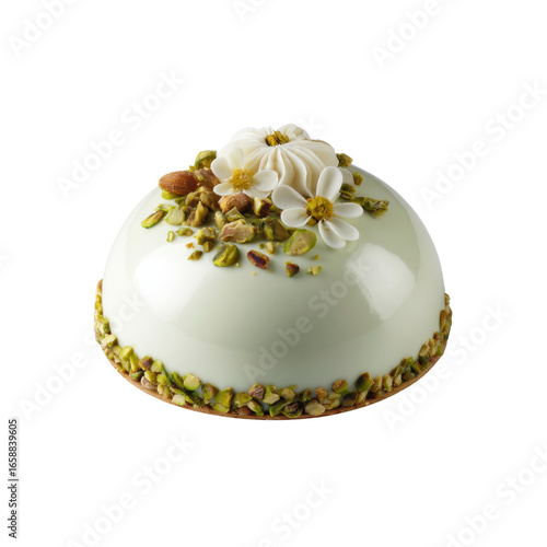 Elegant Pistachio and White Chocolate Dome Cake with Almond and Flower Garnish