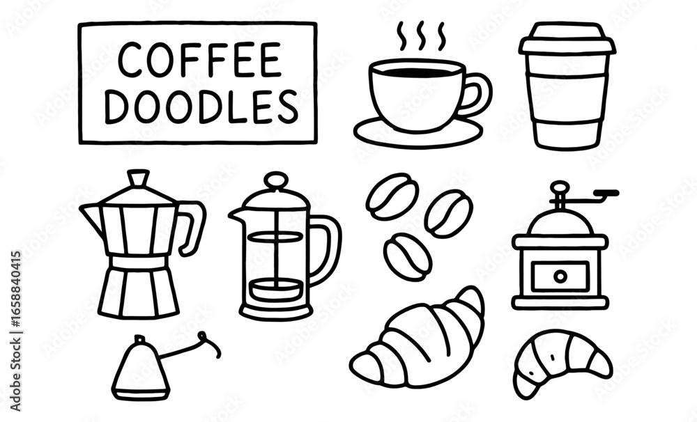 Hand drawn coffee doodles featuring cups, beans, grinder, and croissants Hand drawn coffee doodles featuring cups, beans, grinder, and croissants