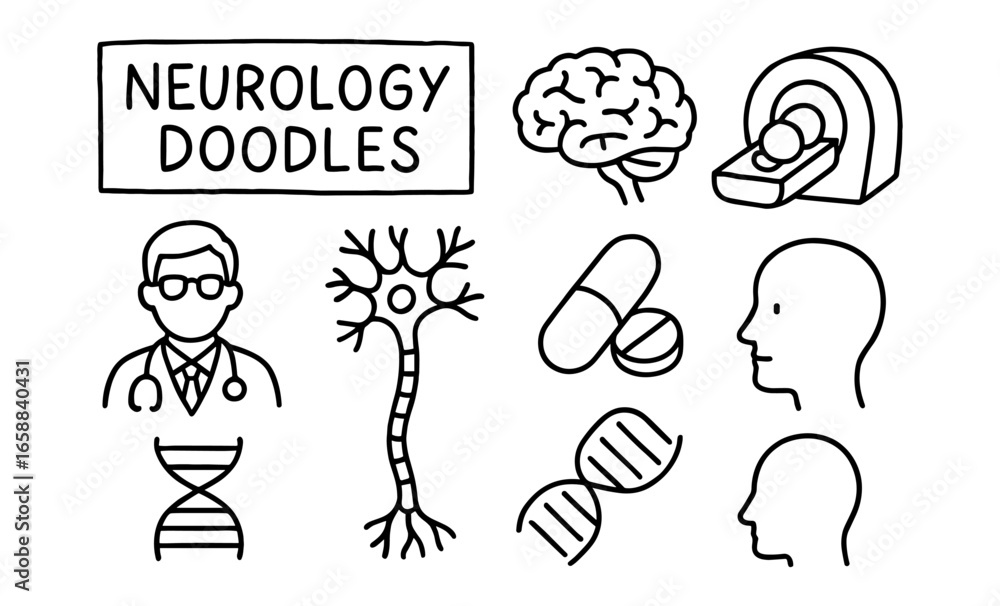 Fototapeta premium Neurology doodles: hand drawn icons of brain, neuron, and medical devices