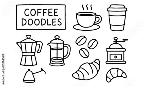 Hand drawn coffee doodles featuring cups, beans, grinder, and croissants