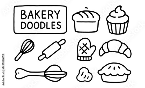Handdrawn bakery doodles featuring bread, pastries, and baking tools
