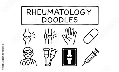 Rheumatology doodles: medical icons featuring joints, medication, and tools