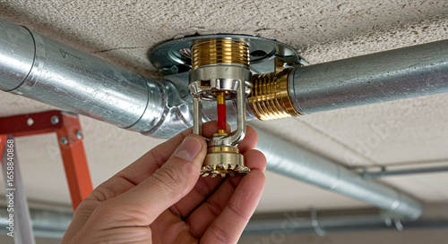 Hands Installing Fire Sprinkler Head on Ceiling with Metal Pipes and Red Heat-Activated Element