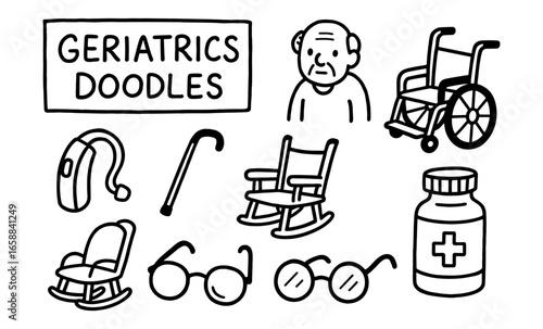 Geriatrics doodles set featuring medical and mobility symbols in hand-drawn sketch style
