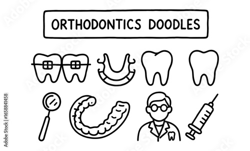 Orthodontics doodles set: dental care elements in linear style