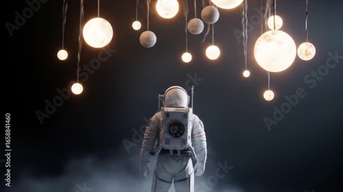 An astronaut stands in a dark, misty void, looking up at a surreal installation of hanging, illuminated spheres