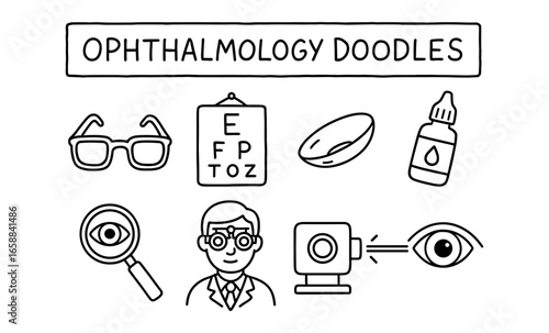 Ophthalmology doodle set: eye care icons with glasses, chart, lens, drops