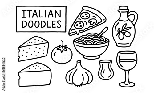 Italian food doodles: pizza, pasta, and more in simple line art