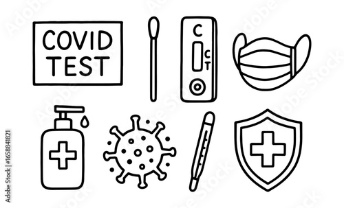 Covid essentials icons: mask, test kit, thermometer, hand sanitizer