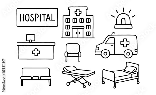 Simple black line icons of hospital and medical equipment
