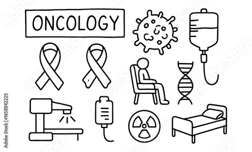 Medical oncology elements in black and white linear style
