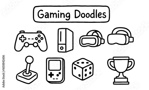 Hand drawn gaming icons featuring consoles, controllers, and accessories