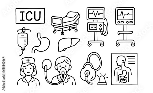 Medical equipment icons: flat style hospital and healthcare symbols