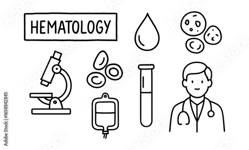 Hematology icons: blood cells, microscope, and medical elements in simple line art