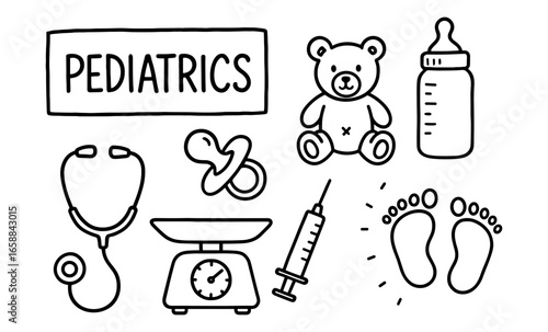 Pediatric doodle elements: stethoscope, teddy bear, milk bottle, and more