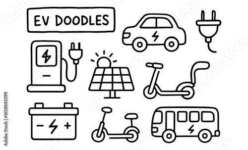 Electric vehicle doodles: charging stations, scooters, solar panels, and cars