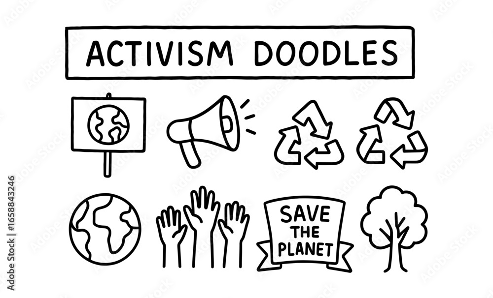 Fototapeta premium Hand drawn activism doodles with environmental icons and slogans