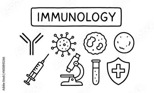Line art immunology icons: microscope, antibody, shield, cell, test tube