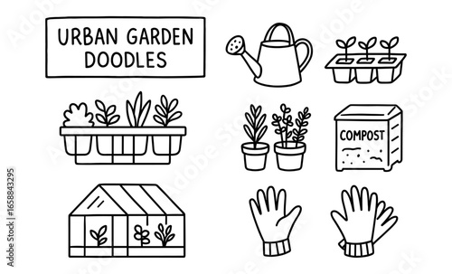Urban garden doodles collection: hand-drawn gardening elements and tools