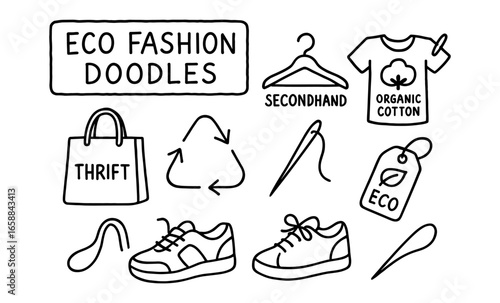 Eco fashion doodles featuring thrift symbols and organic cotton designs