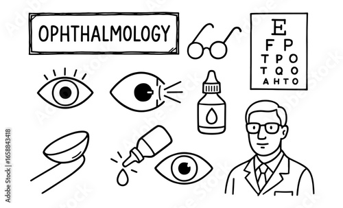 Hand drawn ophthalmology elements featuring eye test chart and contact lenses