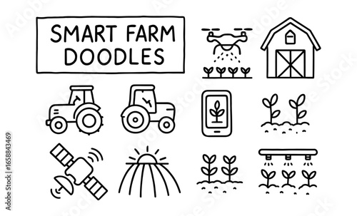 Smart farm doodles featuring drone, tractors, and digital agriculture innovations