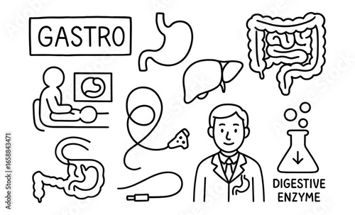 Gastroenterology icons: digestive system, doctor, endoscopy, and medical tools