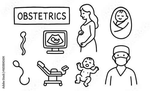 Maternity and obstetrics doodle set: pregnancy, ultrasound, and newborn care elements