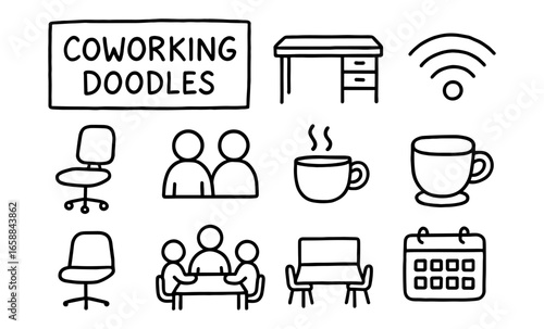 Doodle coworking icons: desk, chairs, meeting, coffee, wifi, calendar