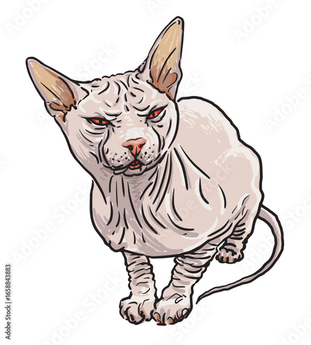 Purebred hairless sphynx cat, domestic animal, pet, outline hand drawn vector illustration isolated on white background