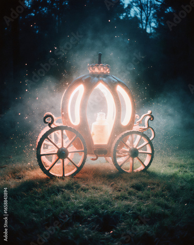 A glowing pumpkin carriage in a misty, moonlit clearing, surrounded by magic and forest charm