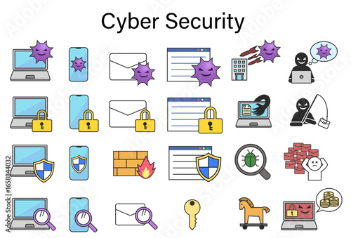 サイバーセキュリティ、サイバー攻撃、情報セキュリティに関するイラスト素材セット