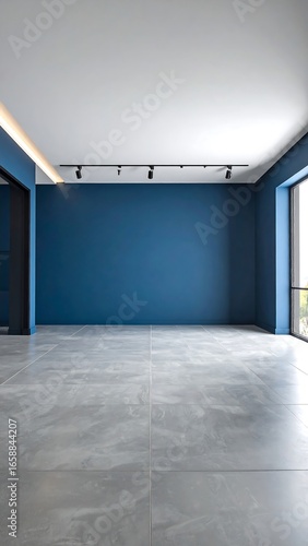 Empty modern room with blue wall and grey floor